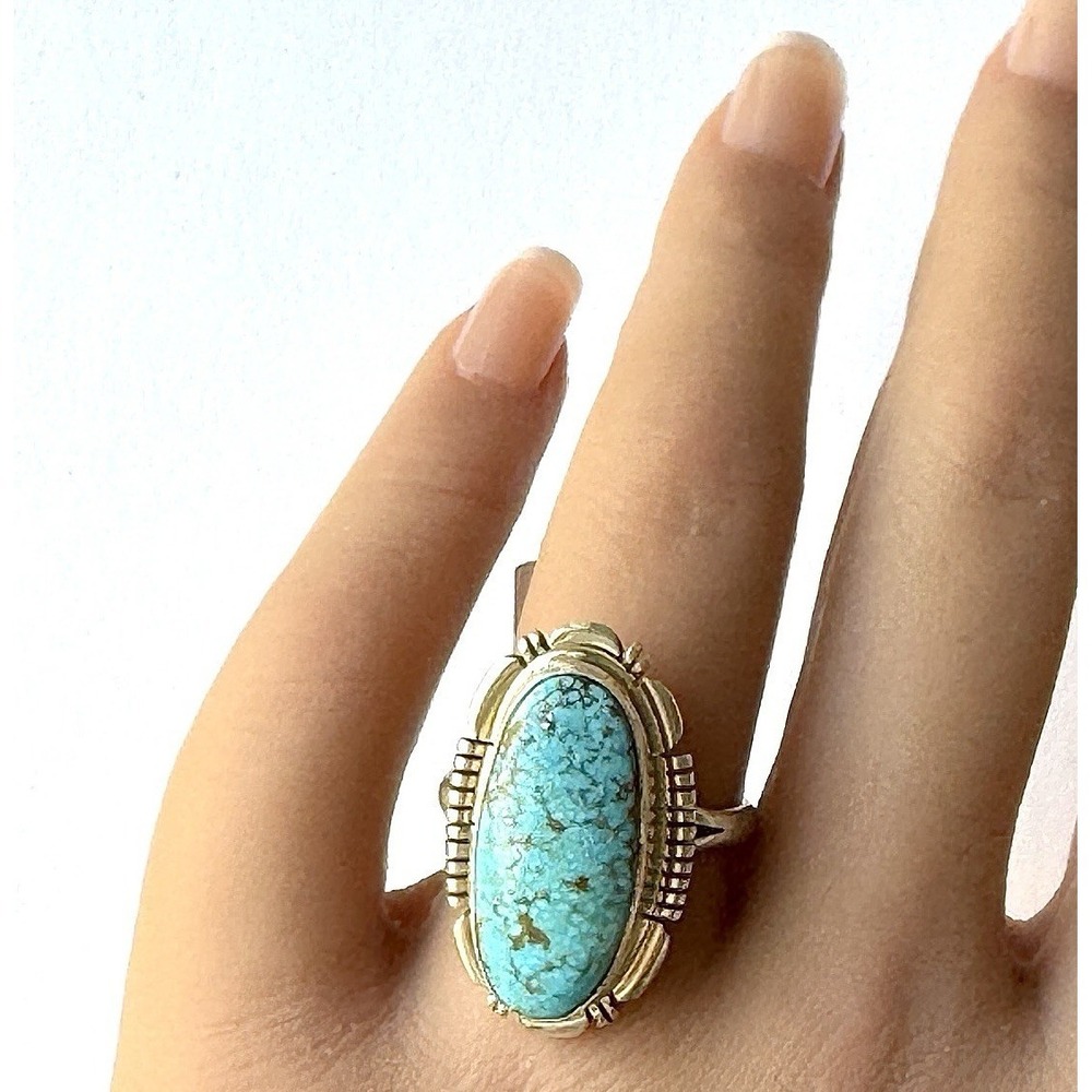 Navajo Sonoran Gold Turquoise Ring Sz 9 Sterling Norvin Johnson Shine Fluted - Picture 4 of 12